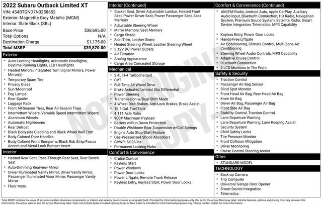 2022 Subaru Outback Limited XT